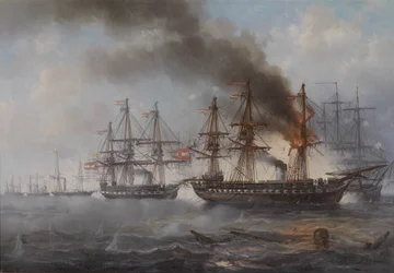 The Naval Battle of Helgoland 1864 (the Burning Austrian Frigate Schwarzenberg, Behind the Frigate Radetzky)